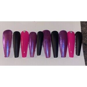 Custom Gel Press on Nails fake nails Handmade 10 pc SMALL Neon Pink Black XXL